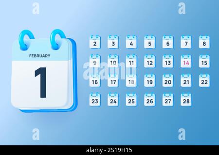 numéros de calendrier 3d. Calendriers réalistes flip février 2025 année, mois calendrier annuel aujourd'hui page pour la vérification de l'événement ou l'ordre du jour du bureau d'affaires date limite calendrier vectoriel illustration originale Illustration de Vecteur