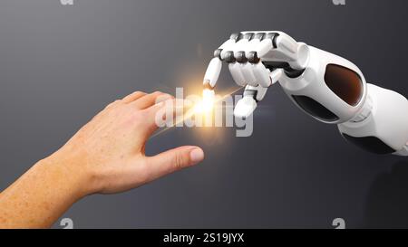 Toucher de main humaine et robotique, étincelle de lumière, intégration ai, geste symbolique, fond gris, rendu réaliste, éclairage dramatique, illustr 3d. Banque D'Images