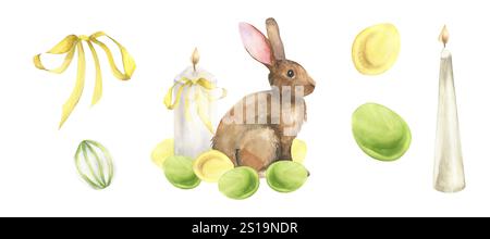 Joyeuse composition de lapin de Pâques avec des œufs et des bougies, clipart d'aquarelle d'éléments isolés dessinés à la main. Collection festive printanière dessinée à la main pour BA Banque D'Images