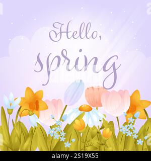 Bonjour, printemps. Carte carrée avec des fleurs de printemps, style de bande dessinée. Illustration de Vecteur