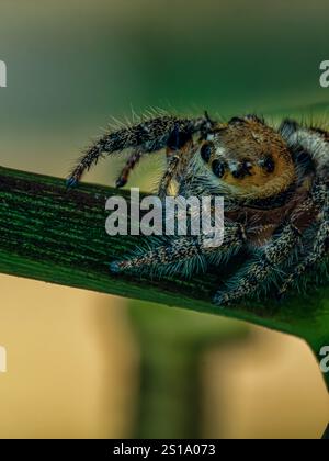 Gros plan d'une araignée sauteuse au corps lourd (Hyllus semicupreus) Banque D'Images