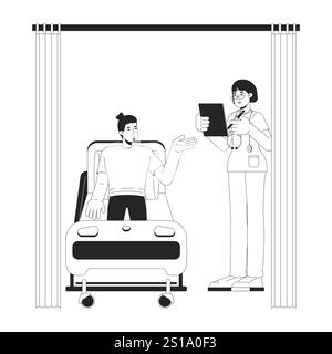 Infirmière, discussion patient masculin dans la chambre d'hôpital caractères 2D noirs et blancs Illustration de Vecteur