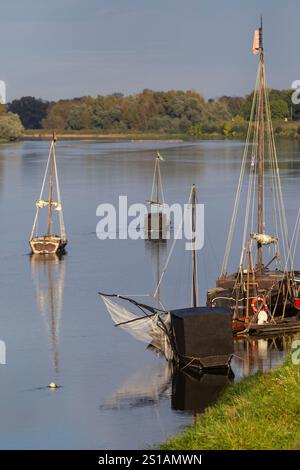 France, Indre et Loire, vallée de la Loire classée au Patrimoine mondial de l’UNESCO, Bréhémont, ancien port de la Loire et village de marins, bateaux traditionnels à fond plat sur la Loire Banque D'Images