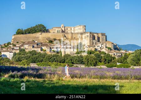 France, Drôme, Grignan, labellisé les plus Beaux villages de France, champ de lavande devant la chapelle romane Saint-Vincent du XIIe siècle, le village et le château de Grignan le château de Grignan, résidence de la lignée d'Adhémar depuis six siècles Banque D'Images