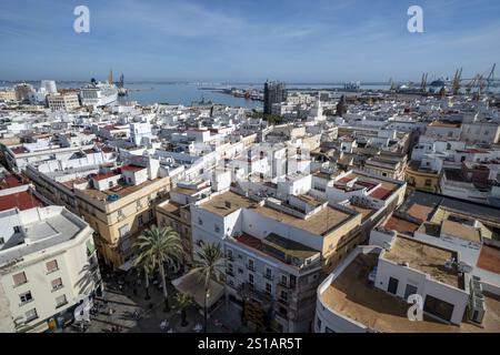 Espagne, Andalousie, Cadix, vue du haut de la Tour Poniente, au premier plan les voûtes, clochers, statues de la cathédrale et en arrière-plan, l'Atlantique, les toits de la ville, le port Banque D'Images