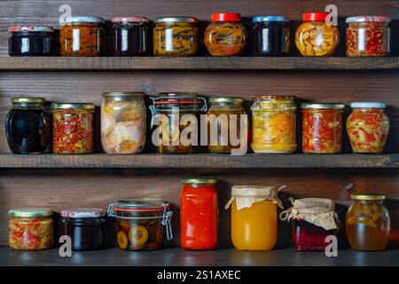 Beaucoup de nourriture en conserve dans des bocaux en verre sur des étagères en bois dans la cave pour la consommation hivernale, de près. Conservation des aliments. Pot coloré mariné et fermenté Banque D'Images