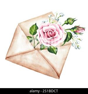 Enveloppe avec fleurs roses. Illustration peinte à la main à l'aquarelle, isolée sur fond blanc Banque D'Images