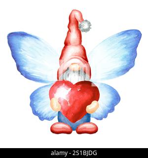 Valentine gnome with heart. Watercolor hand painted illustration, isolated on white background Banque D'Images