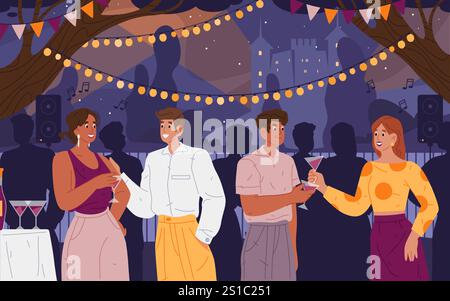 Foule au cocktail buvant du martini. Vacances vectorielles à l'affiche de boîte de nuit. Design de panneau de célébration de bar ou de restaurant. Discothèque ou divertissement. Illustration de Vecteur