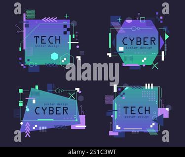 Ensemble de bannière de technologie isolée ou de fond de technologie vectorielle. Signe cyberpunk pour toile de fond, forme géométrique et pépin informatique. Cyber ou cadre photo numérique. Illustration de Vecteur