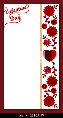 Saint Valentin. Modèle vertical design avec fleurs en papier abstrait rouge. Illustration vectorielle isolée sur fond rouge Illustration de Vecteur