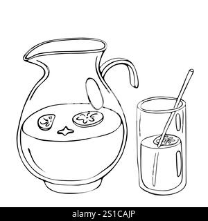 Pichet à limonade avec un verre. Conception d'illustration graphique, style dessiné à la main doodle. Illustration de Vecteur