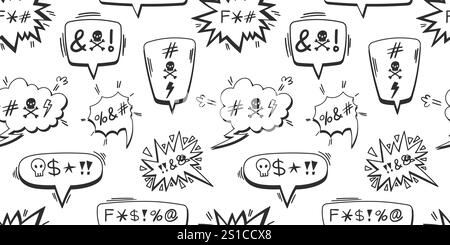 Modèle sans couture de bulles de discours de style comique avec des symboles et des icônes pour la colère ou les expletifs. Doodles noirs dessinés à la main sur fond blanc. Pop art et concept d'expression pour le design et l'impression Illustration de Vecteur
