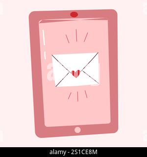 Illustration dessinée à la main d'un smartphone ou d'une tablette avec un message d'amour. Autocollant d'amour pour carte, affiche, conception de collage. Illustration de Vecteur