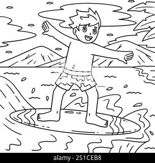 Surfing Boy Coloring page pour les enfants Illustration de Vecteur