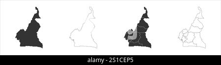 Cameroun ensemble de trois cartes - carte solide, carte de contour et carte mettant en évidence les divisions administratives. Trois cartes distinctes illustrent diverses représentations d'une zone géographique. Illustration de Vecteur