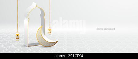 arrière-plan de bannière islamique avec croissant, lanterne et porte en couleur blanc et or. illustration vectorielle Illustration de Vecteur