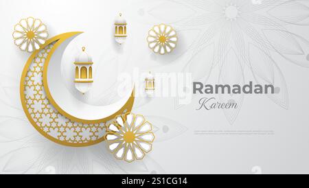 affiche ramadan kareem avec croissant, lanterne et mandala en couleur blanc et or Illustration de Vecteur