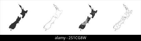 Ensemble de trois cartes de la Nouvelle-Zélande - carte pleine, carte de contour et carte mettant en évidence les divisions administratives. Trois cartes distinctes illustrent diverses représentations d'une zone géographique. Illustration de Vecteur