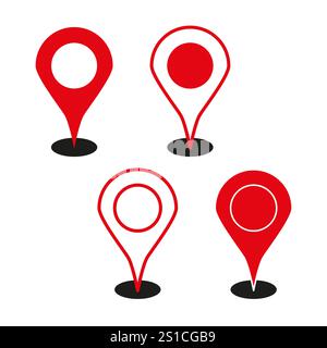 Broche de positionnement rouge. Pointeur de navigation défini. Marqueurs cartographiques simples. Groupe de symboles vectoriels. Illustration de Vecteur