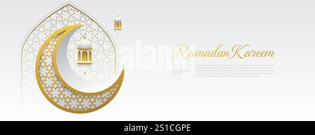 fond de bannière islamique avec croissant et lanterne de couleur blanche et dorée. idéal pour la carte ramadan kareem, la célébration eid moubarak, la bannière muharram. Illustration de Vecteur