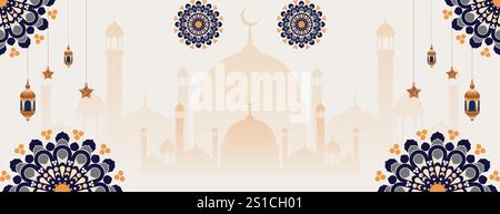 fond islamique avec mandala, lanternes, étoiles et mosquée. Idéal pour la bannière ramadan kareem, la bannière eid moubarak, et d'autres célébrations islamiques. vect Illustration de Vecteur