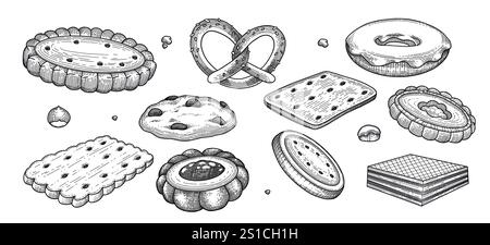 Ensemble de biscuits et biscuits doodle. Desserts, pâtisseries, craquelins, biscuits aux pépites de chocolat dans le style croquis. Illustration vectorielle dessinée à la main isolée sur blanc Illustration de Vecteur