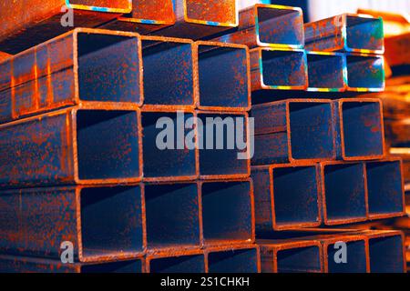 Pile de tubes rectangulaires creux en acier avec surface rouillée. La scène industrielle met en évidence les effets de l'oxydation sur le métal et suggère des utilisations potentielles pour Banque D'Images