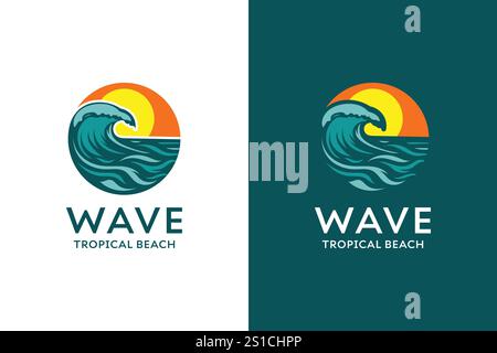 Un logo stylisé représentant une vague au coucher du soleil sur une plage tropicale ; idéal pour une entreprise liée à la plage. Illustration de Vecteur