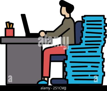 Un homme est assis à un bureau avec une pile de papiers devant lui. Il tape sur un ordinateur portable. Concept de productivité et de concentration, comme l'homme est travail Illustration de Vecteur