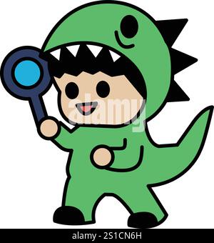 Un personnage de dessin animé dans un costume de dinosaure vert tenant une loupe. Le personnage est souriant et il est curieux Illustration de Vecteur