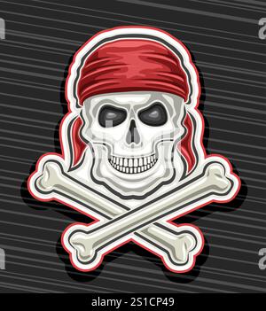 Logo vectoriel pour Pirate Skull, affiche avec illustration de crâne en vieux bandana rouge et os croisés, badge décoratif avec crâne de design d'art vintage f Illustration de Vecteur