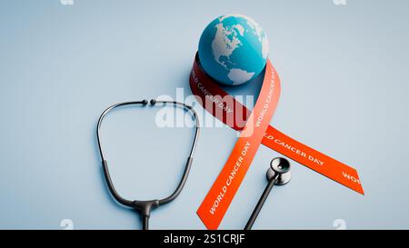 Un ruban rouge avec « Journée mondiale du cancer » écrit dessus enroule autour du globe, avec un stéthoscope à côté. rendu 3d. Banque D'Images