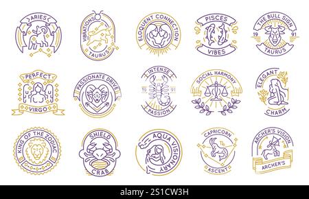 Ensemble de 15 icônes de logo Zodiaque et Horoscope Illustration de Vecteur