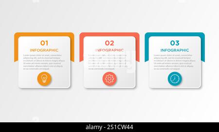 Options d'élément de conception d'infographie de chronologie et de nombre. Concept d'entreprise en 3 étapes. Peut être utilisé pour la mise en page du flux de travail, le diagramme, le rapport annuel, le Web Illustration de Vecteur