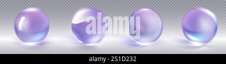 Boules de verre 3D isolées sur fond transparent. Illustration réaliste vectorielle de sphères de cristal violet avec lumière éclatante et réflexion sur la surface brillante, bulles de gel cosmétique, perles de décoration Illustration de Vecteur