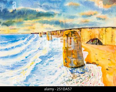 Aquarelle peinture sur papier tôt le matin sur la côte de l'océan. Le nuage au-dessus des rochers bien connus 'douze apôtres' monuments de voyage en Australie. Co Banque D'Images