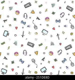 Motif de jeu fluide. Arrière-plan des icônes de jeu dessinées à la main Banque D'Images