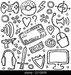 Définissez les icônes de jeu. Illustration de jeu de doodle dessinée à la main Banque D'Images