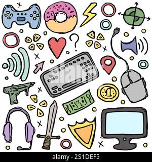 Définissez les icônes de jeu. Illustration de jeu de doodle dessinée à la main Banque D'Images