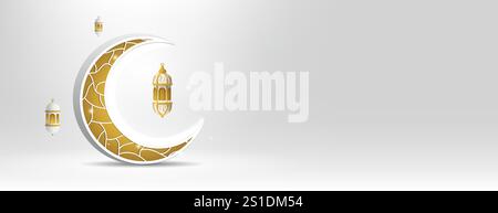 fond de bannière islamique blanche 3d avec croissant et lanterne. idéal pour ramadan kareem, eid moubarak, mouharram, eid al-adha, eid al-fitr. Illustration de Vecteur
