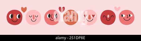 Ensemble visage Love Doodle. Autocollants Groovy Lovely Funny faces. Concept d'amour. Bonne Saint Valentin. Illustration vectorielle Illustration de Vecteur
