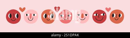 Ensemble visage Love Doodle. Autocollants Groovy Lovely Funny faces. Concept d'amour. Bonne Saint Valentin. Illustration vectorielle Illustration de Vecteur