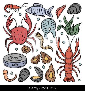 Icônes de fruits de mer. Illustration dessinée de fruits de mer Banque D'Images