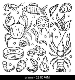 Icônes de fruits de mer. Illustration dessinée de fruits de mer Banque D'Images