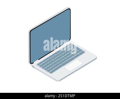 Ordinateur portable moderne isométrique en gris et bleu, technologie pour le travail et le divertissement. Idéal pour les visuels numériques, bureautiques ou de productivité. Vecteur ill Illustration de Vecteur