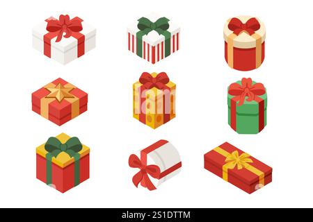 Ensemble de boîtes-cadeaux colorées avec des noeuds et des rubans, représentant la célébration, les vacances et les occasions spéciales. Parfait pour Noël, les anniversaires et la veille Illustration de Vecteur
