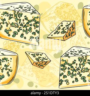 Motif sans couture dessiné à la main fromage bleu avec divers morceaux sur un fond jaune clair. Parfait pour la marque de produits laitiers, les thèmes gastronomiques, et Illustration de Vecteur