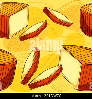 Quartiers de fromage brie à motif sans couture dessinés à la main sur un fond jaune chaud, parfait pour l'emballage alimentaire, la marque laitière, ou le décor de restaurant. Adapté Illustration de Vecteur
