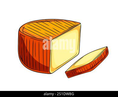 Morceau de tranche de fromage Gouda jaune. Style d'esquisse coloré dessiné à la main. Emballages alimentaires, menus de restaurant ou designs à thème culinaire. Détaillé et appet Illustration de Vecteur